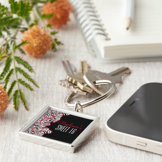 Stylish Red Sweet 16 Zebra Herzdesign Name Schlüsselanhänger (Seite)