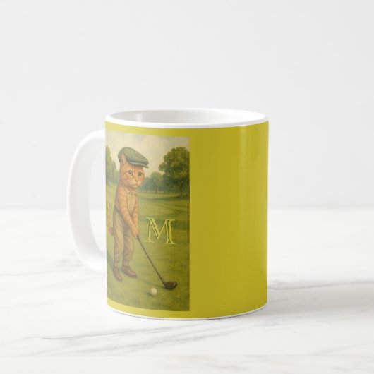 Stylish Retro Cat Playing Golf Custom Monogram  Kaffeetasse (Vorderseite Links)