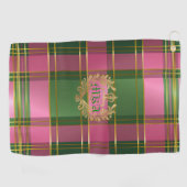 Stylish Rich Pink Green Plaid Crest Monogram Golfhandtuch (Horizontal)