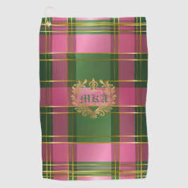 Stylish Rich Pink Green Plaid Crest Monogram Golfhandtuch