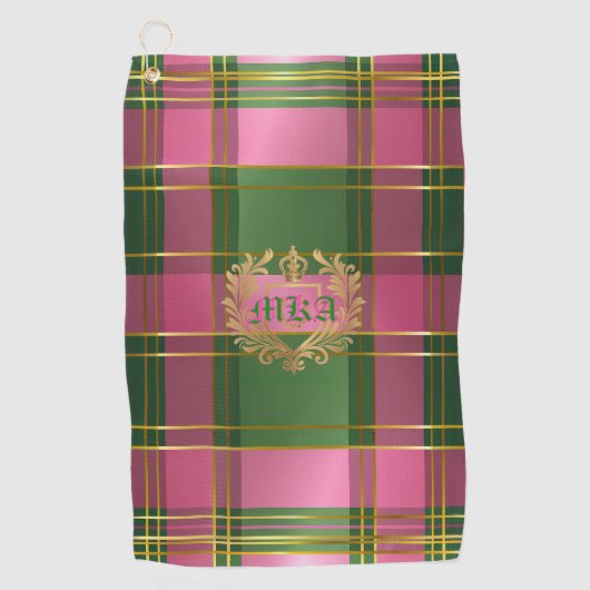 Stylish Rich Pink Green Plaid Crest Monogram Golfhandtuch (Vorderseite)