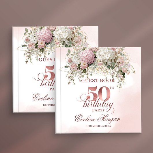 Stylish Rose Gold Blush Flowers 50th Birthday  Gästebuch