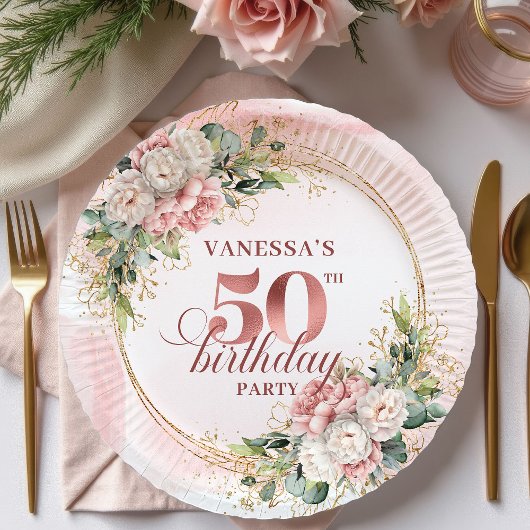 Stylish Rose Gold Blush Peonies 50th Birthday Pappteller