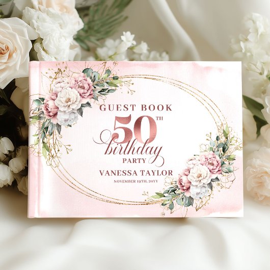 Stylish Rose Gold Floral 50th Birthday Guest Book Gästebuch