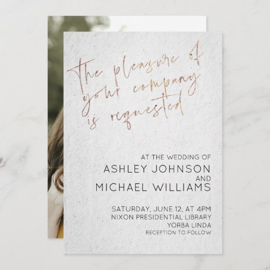 STYLISH ROSE GOLD SCRIPT Einfaches Foto Typografie Einladung (Vorne/Hinten)