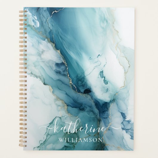 Stylish Script Blue&Gold Marble Custom Name Planer (Vorderseite)