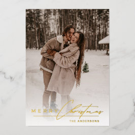 Stylish Script Elegant Photo Red Merry Christmas Folien Feiertagskarte