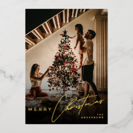 Stylish Script Minimalist 1 Photo Red Christmas Folien Feiertagskarte