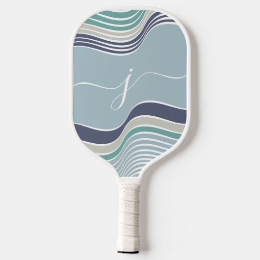 Stylish Script Monogram Abstract Retro Blue Wavy Pickleball Schläger (Rückseite)