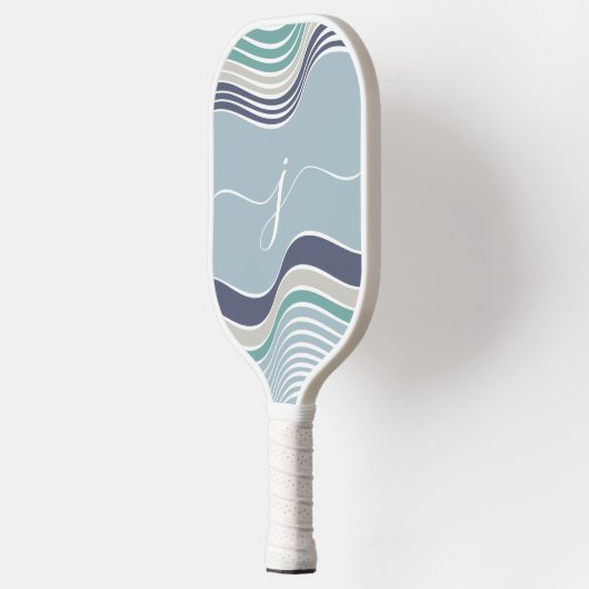 Stylish Script Monogram Abstract Retro Blue Wavy Pickleball Schläger (Links)