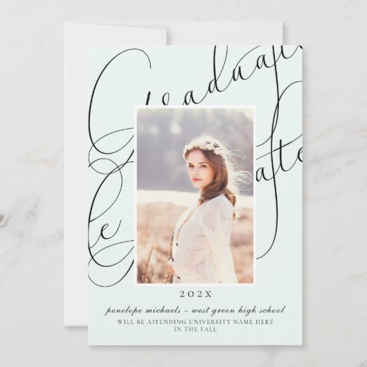 Stylish Script Soft Mint Photo Graduation Party Einladung (Vorderseite)