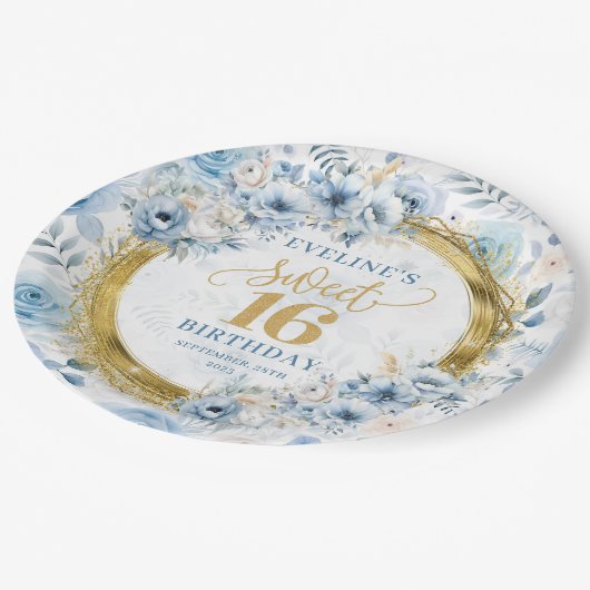 Stylish Sweet 16 Pastel Blue Gold Glitzer Teller (Schrägansicht)