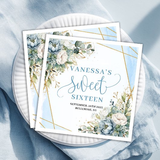 Stylish Sweet 16th Blue Floral Greenery Napkins Serviette