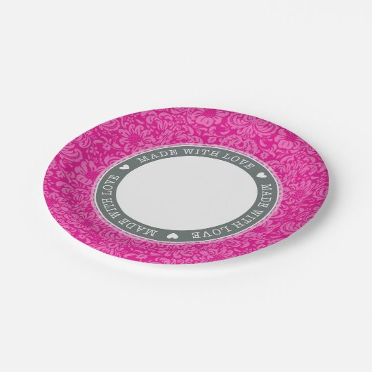 STYLISH TABLE Damaske aus Liebe grau rosa Pappteller (Schrägansicht)