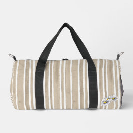 Stylish Taupe Striped Watercolor Daisy Exercise Duffle Bag
