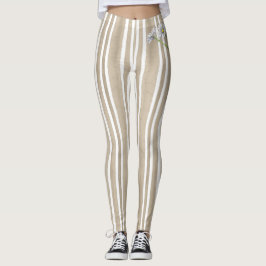 Stylish Taupe Striped Watercolor Daisy Exercise Leggings