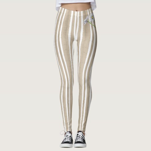 Stylish Taupe Striped Watercolor Daisy Exercise Leggings (Vorderseite)