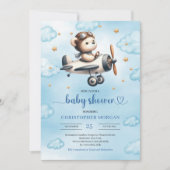 Stylish Teddy Bear Pilot Blue Gold Baby Shower Einladung (Vorderseite)