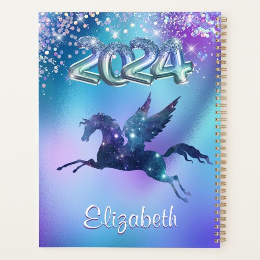 Stylish Türkis Rainbow Unicorn Glitzer 2024 Planer (Rückseite)