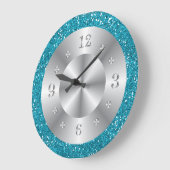 Stylish Turquoise Blue Glitter Silver Numbers Große Wanduhr (Winkel)
