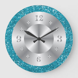 Stylish Turquoise Blue Glitter Silver Numbers Große Wanduhr