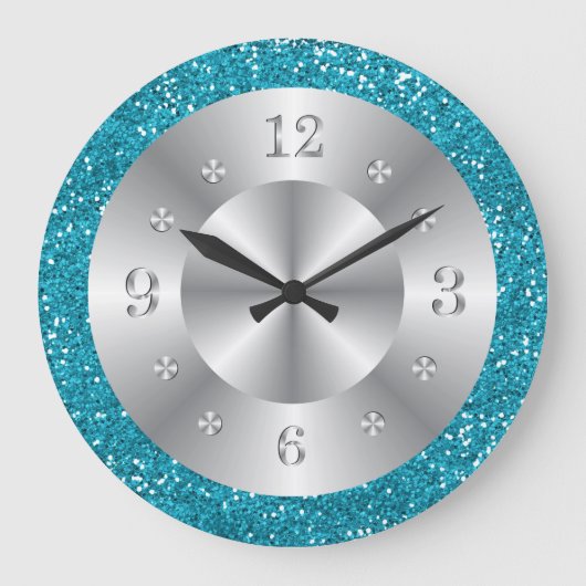 Stylish Turquoise Blue Glitter Silver Numbers Große Wanduhr (Vorderseite)