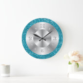 Stylish Turquoise Blue Glitter Silver Numbers Große Wanduhr (Zuhause)