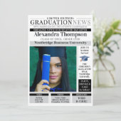 Stylish Unique Black Newspaper Graduate Student Einladung (Stehend Vorderseite)