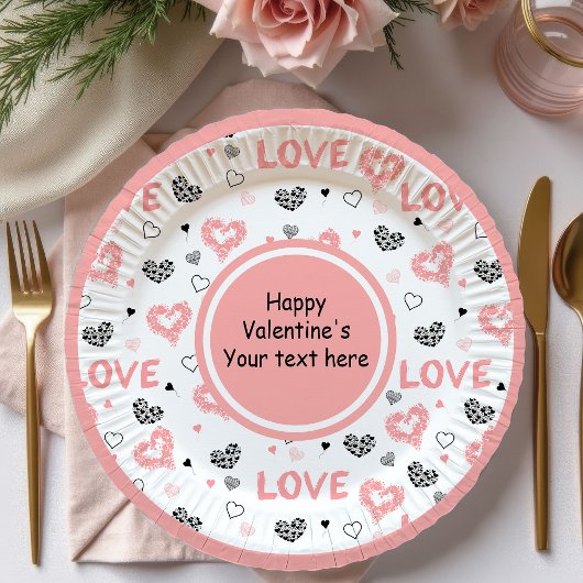 Stylish Valentine Pink Black Heart Art Paper Plate Pappteller