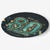 Stylish Vibrant Teal and Gold 80th Birthday Pappteller (Schrägansicht)
