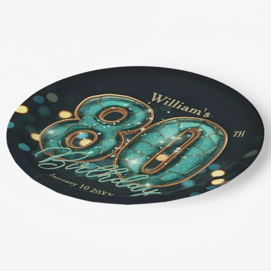 Stylish Vibrant Teal and Gold 80th Birthday Pappteller (Schrägansicht)