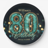 Stylish Vibrant Teal and Gold 80th Birthday Pappteller (Vorderseite)