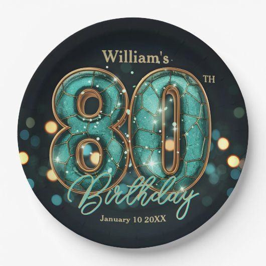 Stylish Vibrant Teal and Gold 80th Birthday Pappteller (Vorderseite)