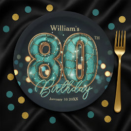 Stylish Vibrant Teal and Gold 80th Birthday Pappteller
