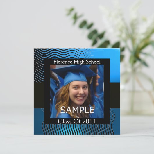 STYLISH WAVES FOTO TEMPLATE MONOGRAM, Black Blue Einladung (Stehend Vorderseite)