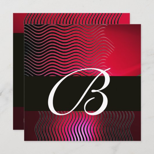 STYLISH WAVES MONOGRAM, Ruby Red Burgund Einladung (Vorne/Hinten)
