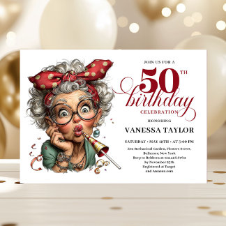 Stylish Whimsical Woman 50th Birthday Funny Cartoo Einladung
