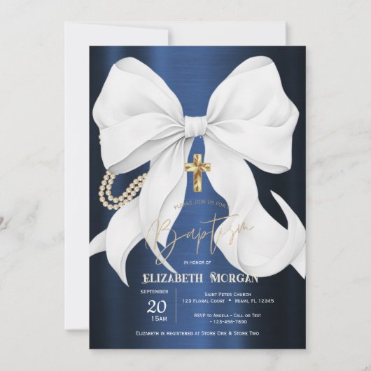 Stylish White Bow Pearls Navy Blue Metallic Einladung (Vorderseite)