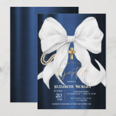 Stylish White Bow Pearls Navy Blue Metallic Einladung (Vorne/Hinten)