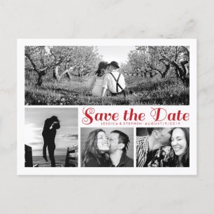 Stylish White Save the Date Collage Postcard Red Ankündigungspostkarte