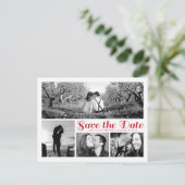 Stylish White Save the Date Collage Postcard Red Ankündigungspostkarte (Stehend Vorderseite)
