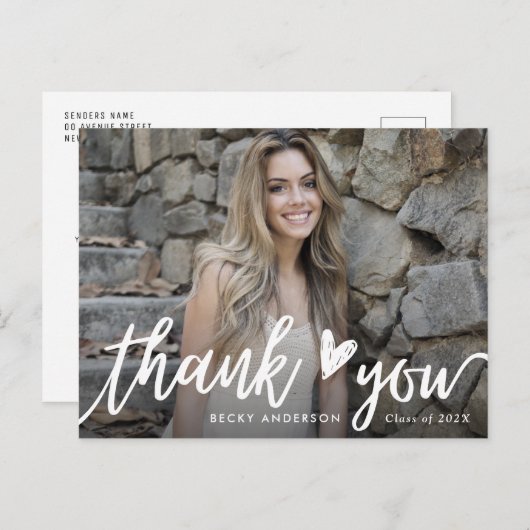 stylish white script danke Abschluss Postkarte (Vorne/Hinten)