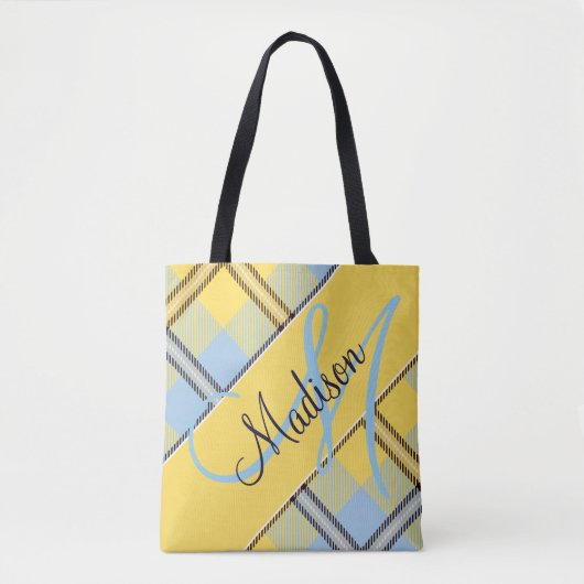 Stylish Yellow Blue Kariert Tartan | Name hinzufüg Tasche (Vorderseite)