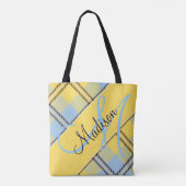 Stylish Yellow Blue Kariert Tartan | Name hinzufüg Tasche (Rückseite)