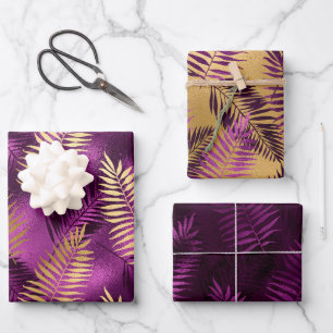 Stylishe lila und goldene tropische Dschungelblätt Geschenkpapier Set