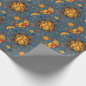 Stylisierte Hand Drawn Boho Sun Moon Stars Blue Geschenkpapier (Ecke)