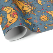 Stylisierte Hand Drawn Boho Sun Moon Stars Blue Geschenkpapier (Rolleneckpunkt)