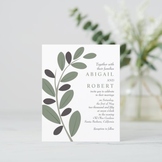 Stylisierte Olivenzweig QR Code Hochzeitseinladung (Stehend Vorderseite)