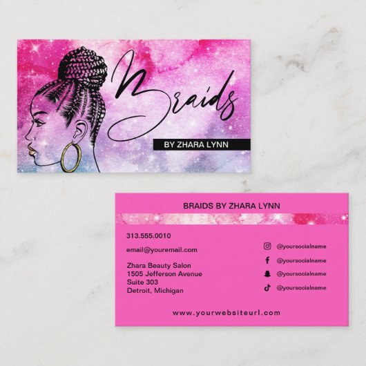 Stylist Braider Salon Braids Pink Aquarellon Visitenkarte (Vorne/Hinten)