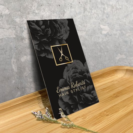 Stylist-Gold-Schere-Logo-Klasse Schwarze Blüte Visitenkarte